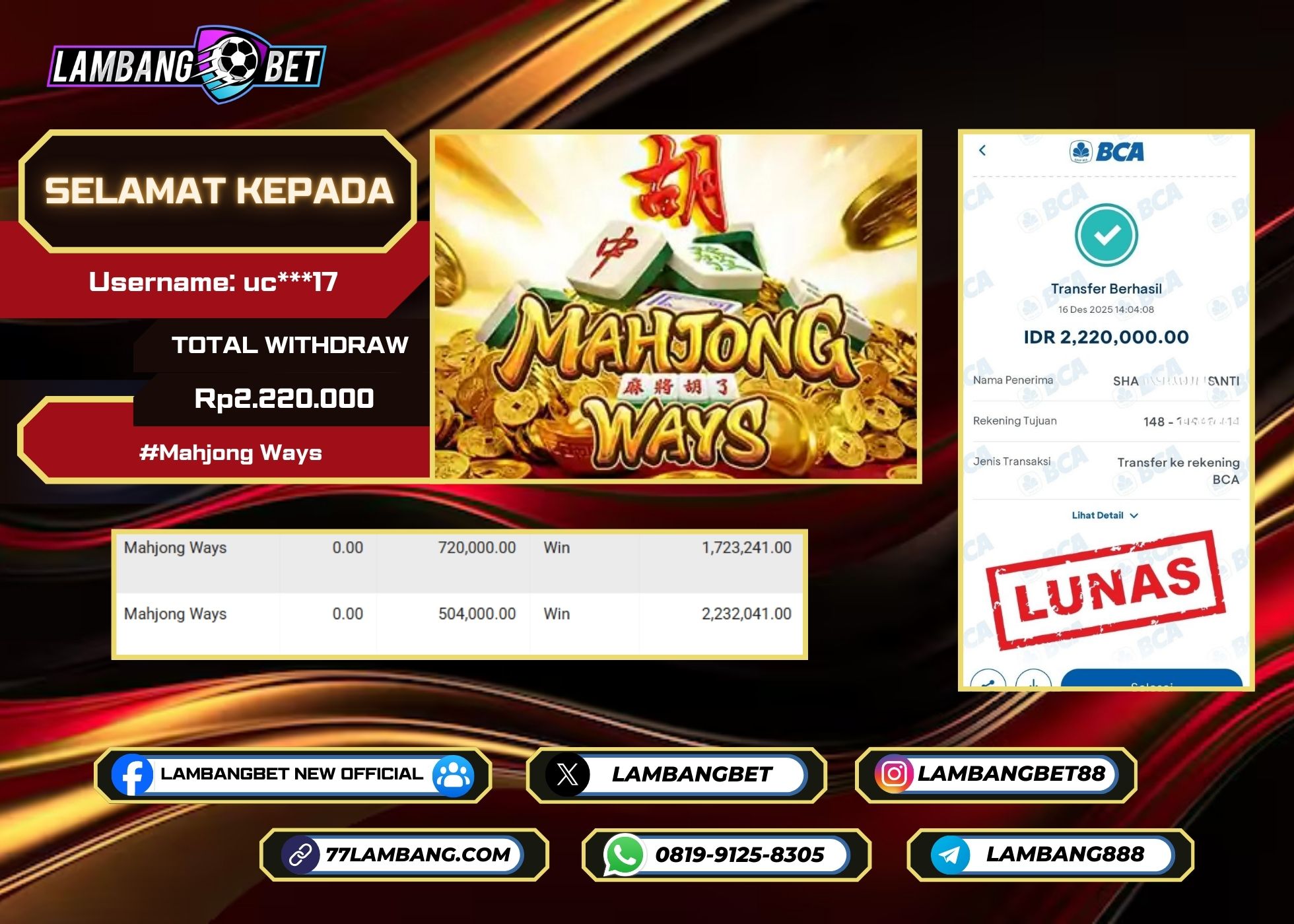 LAMBANGBET [16 DESEMBER 2025] JACKPOT SLOT Mahjong Ways "Rp2.220.000" LUNAS